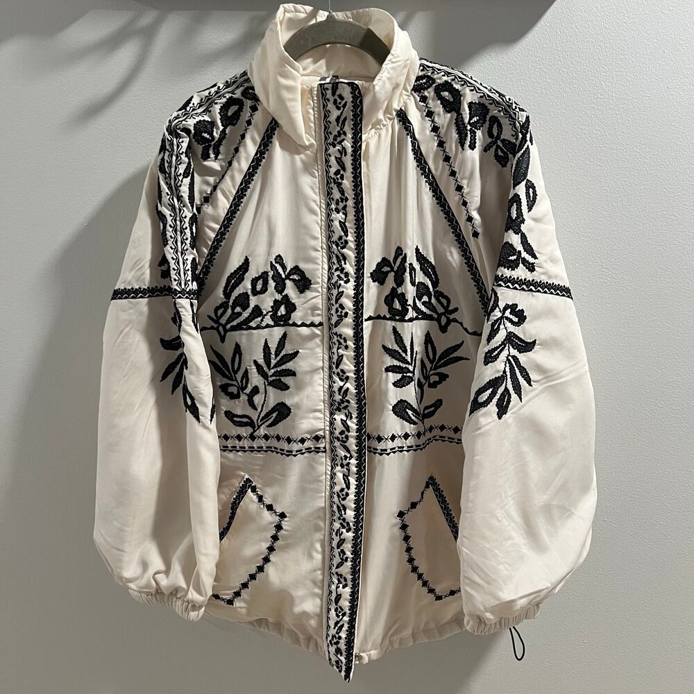 Anthropologie Cream and Black Embroidered Puffer Coat Size XS